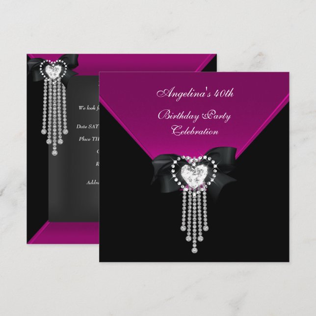 Convite Diamante Rosa Preto do Partido aniversário de 40 a (Frente/Verso)