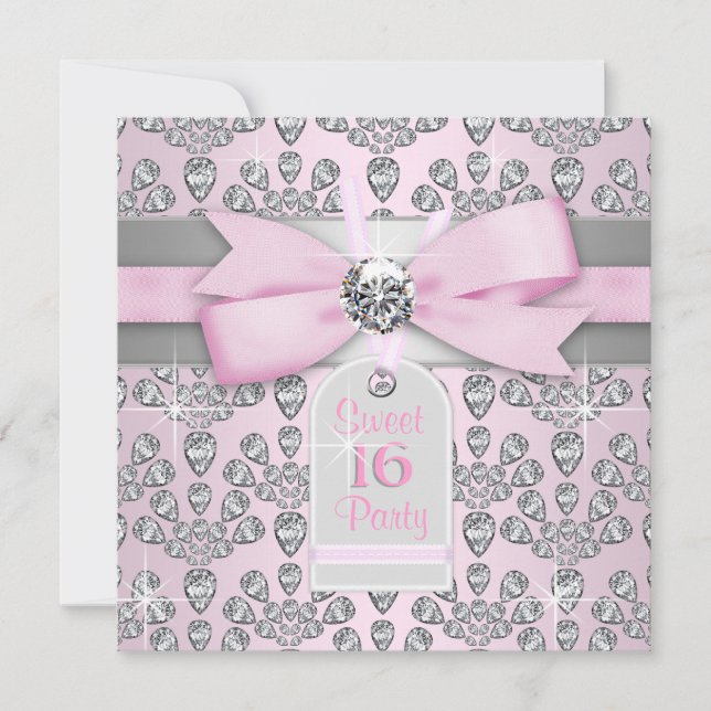 Convite Diamante Rosa Rosa e Cinza Doce 16 Aniversário (Frente)