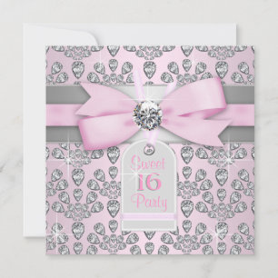 Convite Diamante Rosa Rosa e Cinza Doce 16 Aniversário