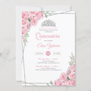 Convite Diamante Tiara Quinceanera Rosa Rosa Esmagada