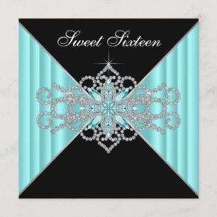 Convite Diamante Turquesa Azul e Preto Doce 16 Aniversário