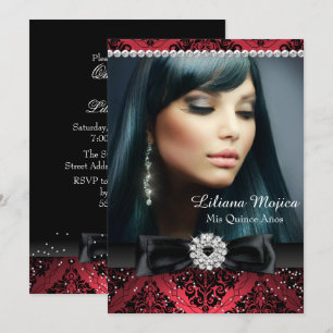 Convite Diamante Vermelho Preto Laço Damasko Quinceanera