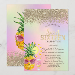 Convite Diamantes,Abacaxi,Coquetel Holográfico Sweet 16