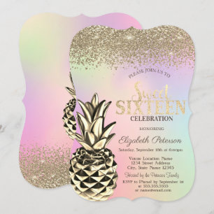 Convite Diamantes,Abacaxi Metálico Holográfico Sweet 16
