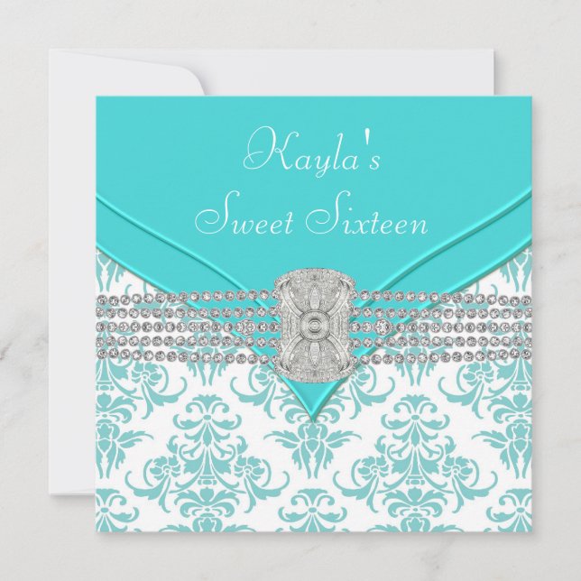 Convite Diamantes Azul Turquesa Damask Aniversário de Swee (Frente)