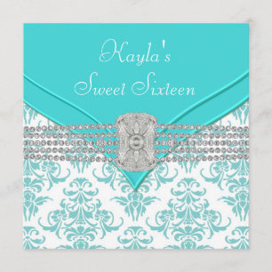 Convite Diamantes Azul Turquesa Damask Aniversário de Swee