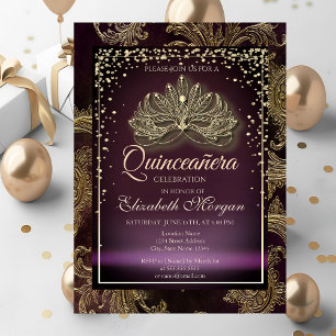 Convite Diamantes Borgonha Floral Damasco Quinceañera