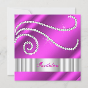 Convite Diamantes Branco Rosa Quente Prata Aniversário