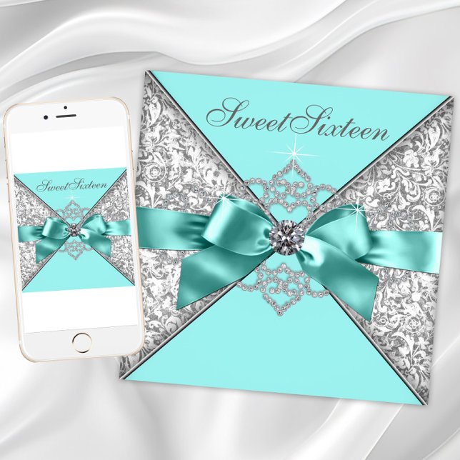 Convite Diamantes Brancos Azul Azul Doce 16 Festa de anive (Teal blue silver sweet sixteen invitation with pretty diamonds and bow. Any number or event.)