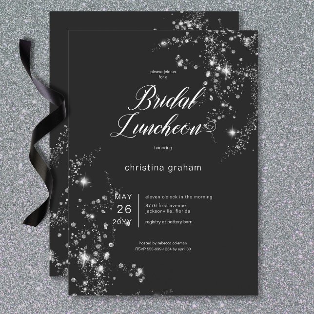 Convite Diamantes Brancos Negros Modernos e Glam Bridos (Modern Black & White Glam Diamonds Bridal Luncheon Invitation)