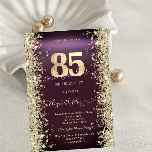 Convite Diamantes Brilho Dourado Borgonha 85º Aniversário