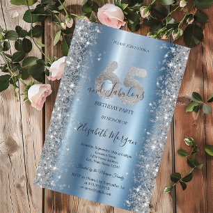 Convite Diamantes Brilho Prateado Azul 65º Aniversário