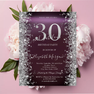 Convite Diamantes Brilho Prateado Borgonha 30º Aniversário