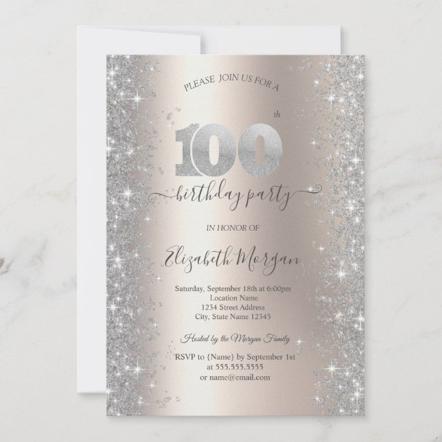 Convite Diamantes Brilho Prateado Marfim 100º Aniversário (Frente)