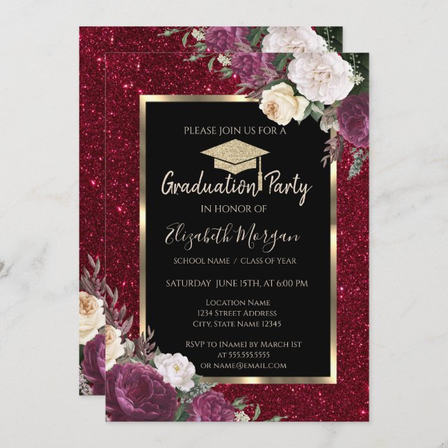 Convite Diamantes Burgundy Flores Vermelhas, Graduação (Frente/Verso)