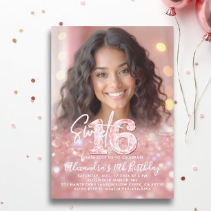 Convite Diamantes cor-de-rosa Foto Chic Dourada Sweet 16