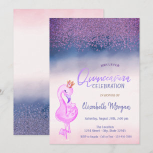 Convite Diamantes,Coroa de Flamingo Rosa Ombre Quinceañera