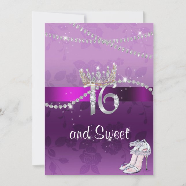 Convite Diamantes Coroa Saltos Altos Sweet Sixteen Roxo (Frente)
