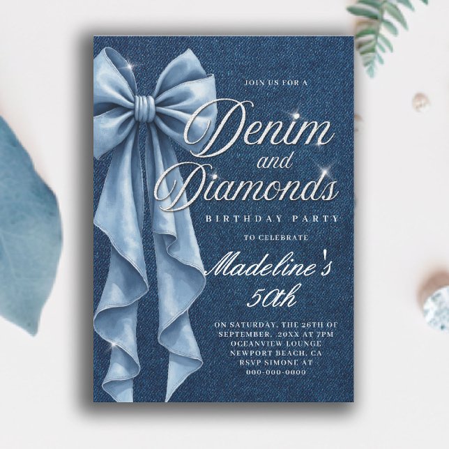 Convite Diamantes de Denim Arco Branco Azul Glam 50º Anive (denim and diamonds 50th birthday party invitation blue white coquette bow bling sparkles classy)