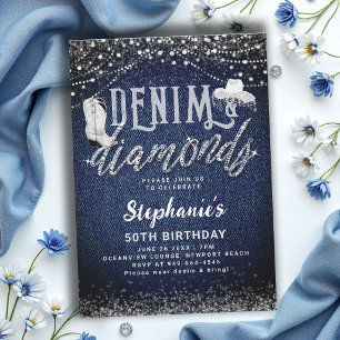 Convite Diamantes de Denim Cowgirl Rústico Chic 50º Aniver