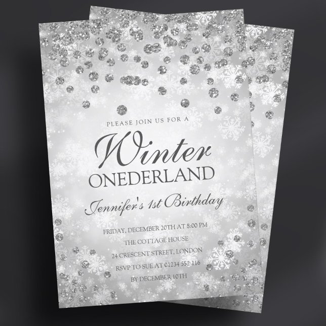 Convite Diamantes de inverno de prata e brilho | PRIMEIRO  (Silver Winter Diamonds & Glitter | 1st Birthday Invitation)