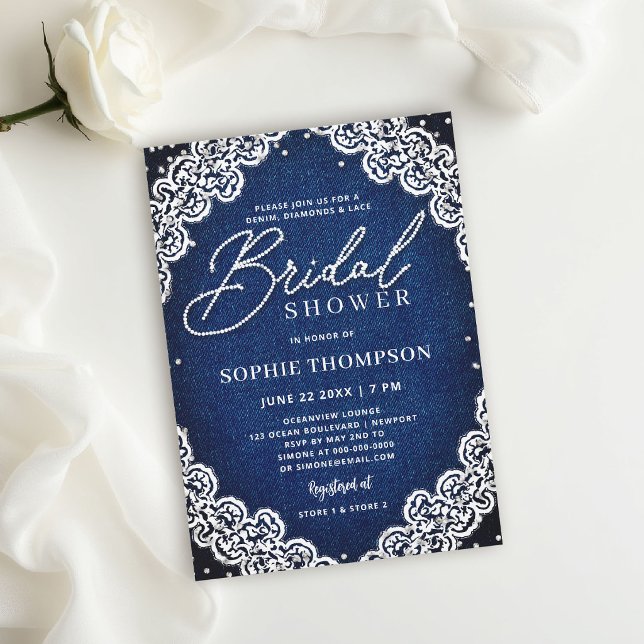 Convite Diamantes de Jeans e Renda Chá de Noiva Azul Elega (denim diamonds and lace bridal shower invitations template blue and white elegant classy modern)