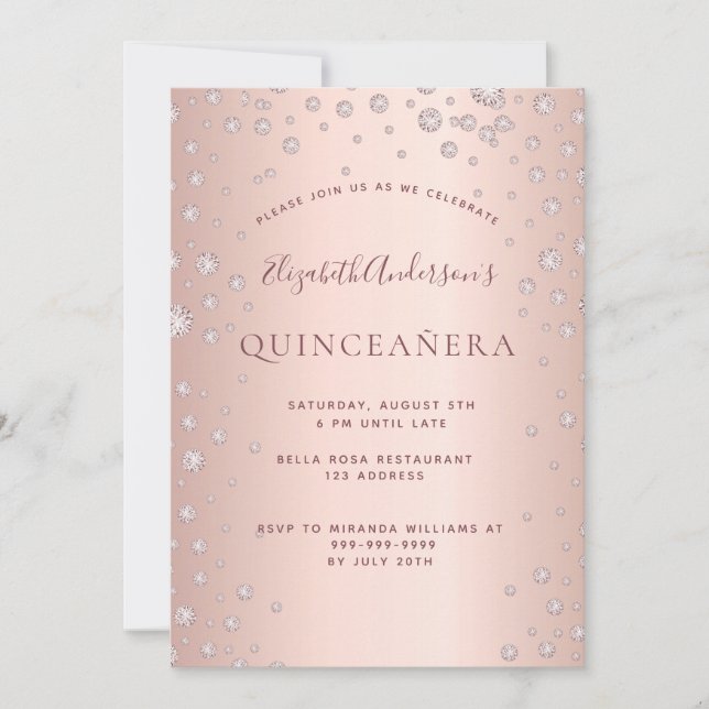 Convite Diamantes de ouro rosa Quinceanera (Frente)