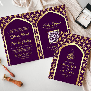 Convite Diamantes de Ouro Roxo Arco Código QR Casamento Mu
