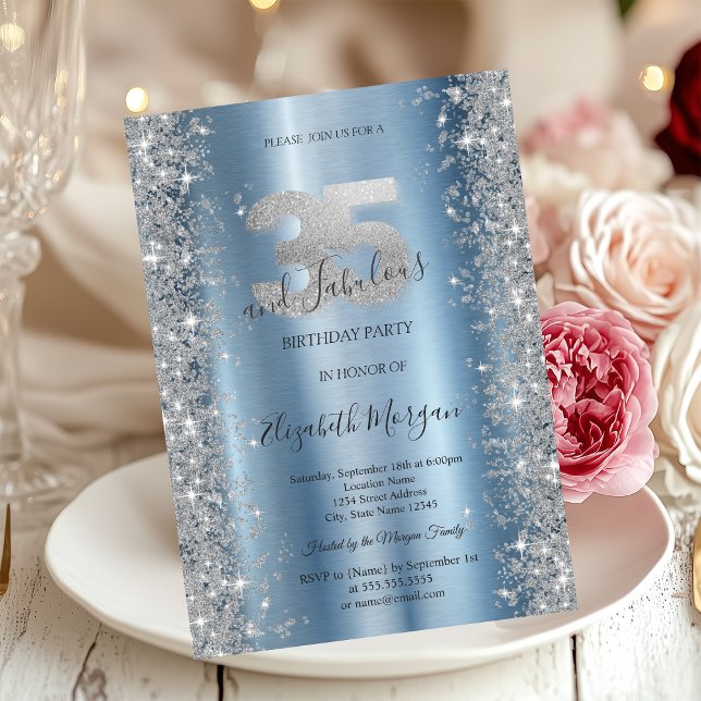 Convite Diamantes de Prata Sparkle Azul 35º Aniversário (Criador carregado)