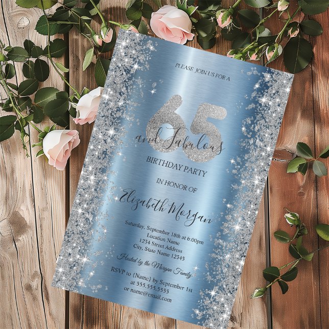 Convite Diamantes de Prata Sparkle Azul 65º Aniversário (Criador carregado)