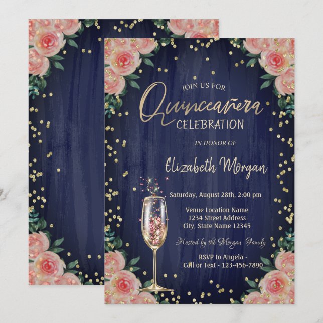 Convite Diamantes de Taça de Champanhe Flores Quinceañera (Frente/Verso)