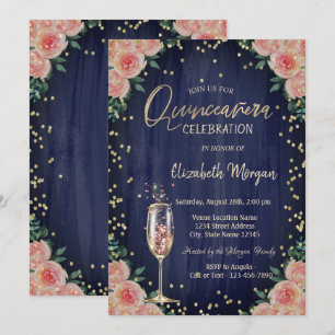 Convite Diamantes de Taça de Champanhe Flores Quinceañera
