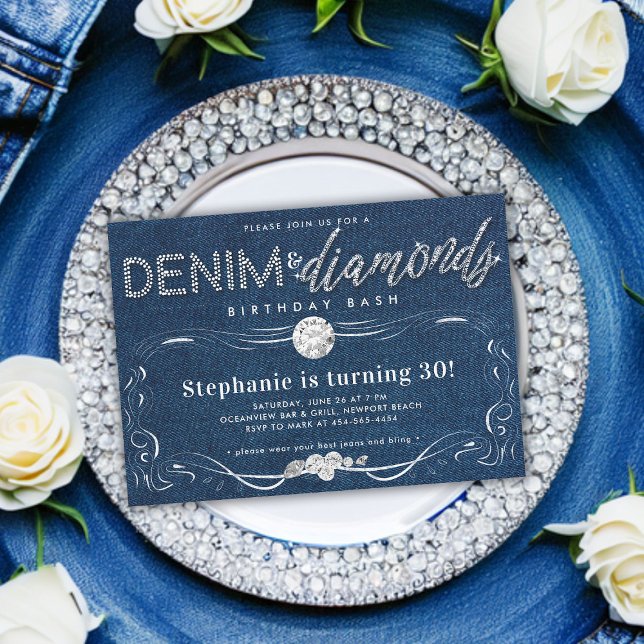 Convite Diamantes Denim Flourish Frame Classy aniversário  (denim and diamonds 30th birthday party classy modern simple whimsical flourish script hand written )