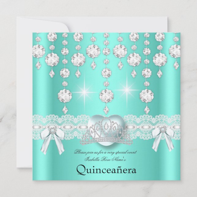 Convite Diamantes do Coração de Silver Teal de Quinceanera (Frente)