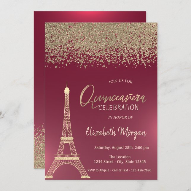 Convite Diamantes Dourados,Eiffel Tower Red Quinceanera (Frente/Verso)