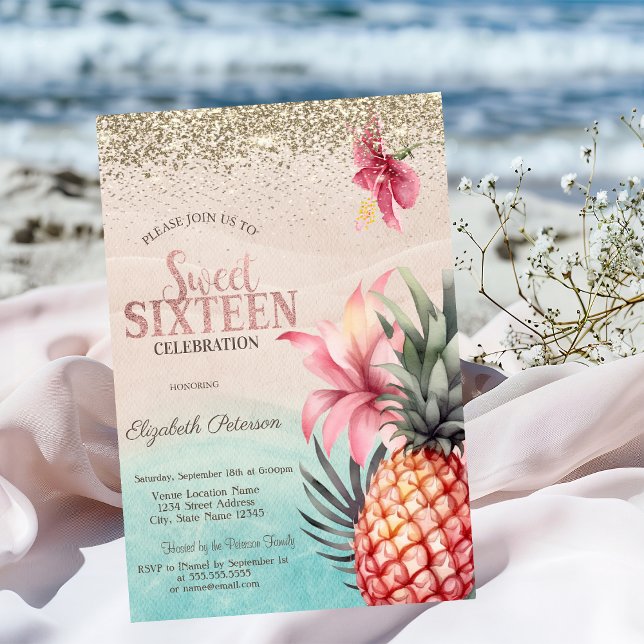 Convite Diamantes Dourados,Hibiscus Pineapple Beach Sweet  (Criador carregado)