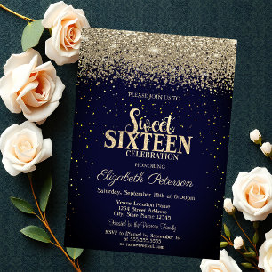 Convite Diamantes Dourados modernos Confetti Blue Sweet 16