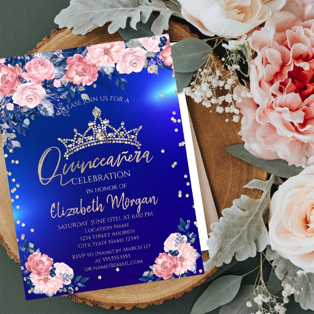 Convite Diamantes Dourados Tiara Rosas Blue Quinceañera (Criador carregado)