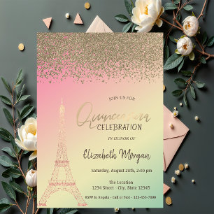 Convite Diamantes Dourados,Torre Eiffel Ombre Quinceañera