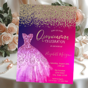 Convite Diamantes Dourados, Vestido Chic Elegante Quinceañ