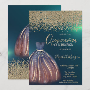 Convite Diamantes Dourados,Vestido Chique Verde Quinceañer
