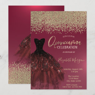 Convite Diamantes Dourados,Vestido Elegante Vermelho Quinc