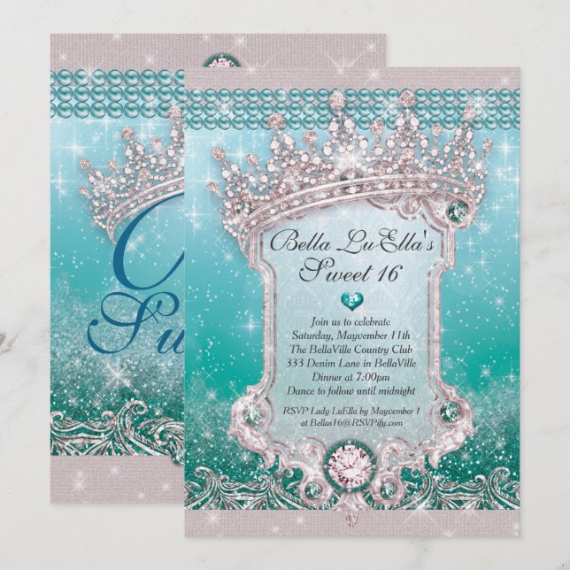Convite Diamantes e Bling Sweet 16 Quince Invtions (Frente/Verso)