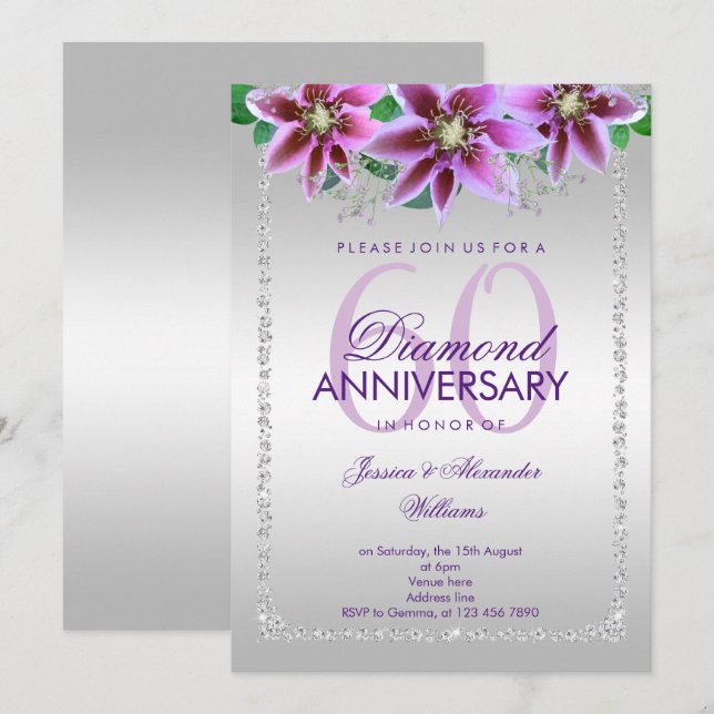 Convite Diamantes e Flores Sofisticados 60º Aniversário de (Frente/Verso)