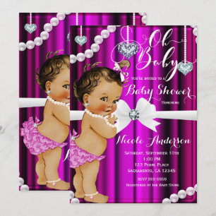 Convite Diamantes e Pérolas Rosa Vintage Baby Shower Rosa