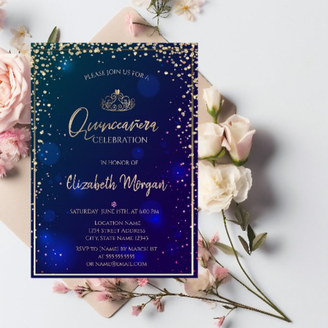 Convite Diamantes Elegantes Dourados Tiara Quinceañera (Criador carregado)