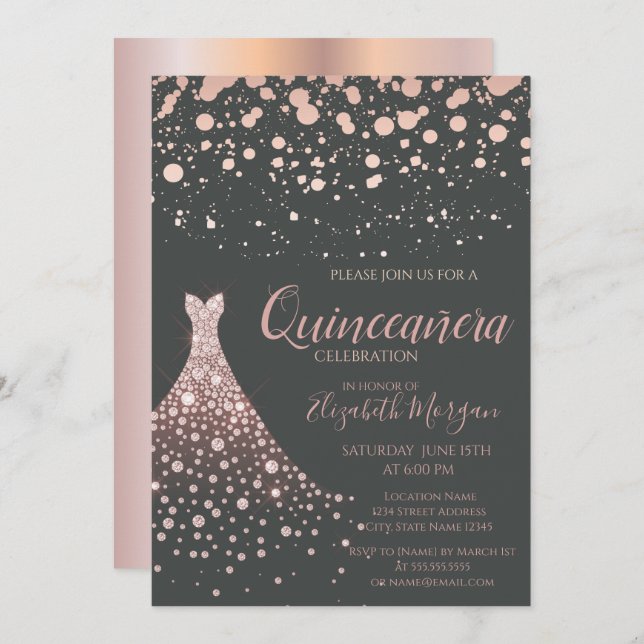 Convite Diamantes Elegantes Dourados Vestidos Quinceañera (Frente/Verso)
