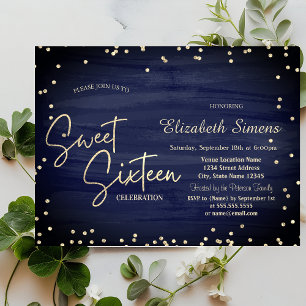 Convite Diamantes Elegantes Marinho Blue Dourado Script Sw