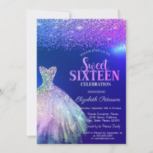 Convite Diamantes Elegantes, Vestido Azul Sweet 16