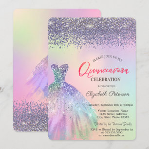Convite Diamantes Elegantes, Vestido Holográfico Quinceañe